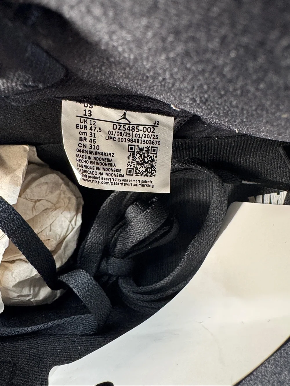 Nike Black and White Sneaker Interior with Size Tag